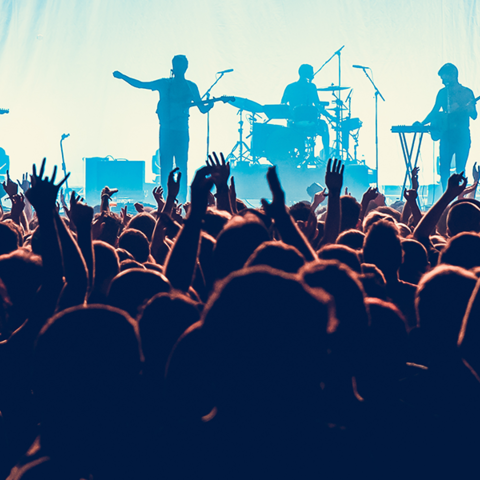 Concert with many visitors, stage and band